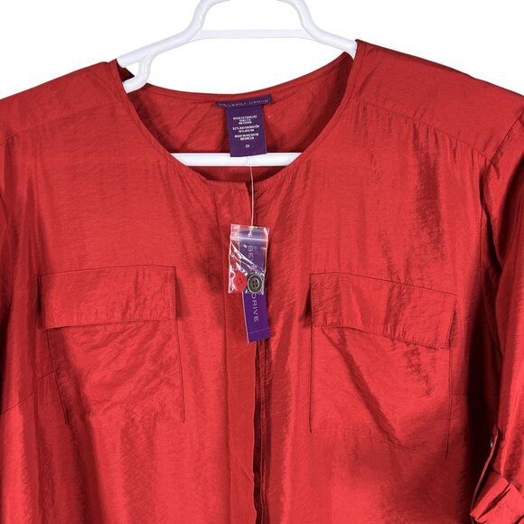 Beverly Drive NWT Womens 2X Holiday Red Silky Blouse 3/4 Tab Sleeve Pockets - Picture 2 of 14